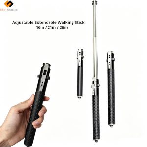 Adjustable Extendable Walking Stick - 16in/21in/26in, Spring-Assisted Push-Button, black color