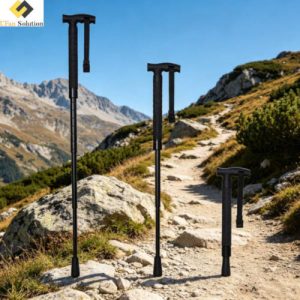 Adjustable Telescopic Trekking Pole in mountainous hiking trail scene, demonstrating height adjustability for outdoor trekking