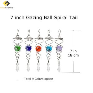 Close-up of a colorful 7-inch Gazing Ball Spiral Tail attached to a stainless steel hook, featuring a reflective glass ball stabilizer.
