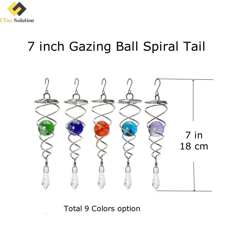 Close-up of a colorful 7-inch Gazing Ball Spiral Tail attached to a stainless steel hook, featuring a reflective glass ball stabilizer.