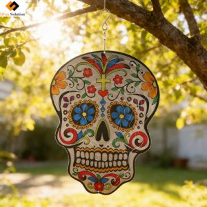 Hanging Skull Wind Garden Spinner - Halloween 3D Stainless Steel Wind Spinner with vibrant floral design, Hanging Garden Decor Skull for outdoor spaces
