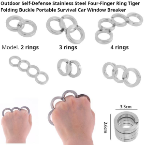 Stainless steel self defense ring featuring a tiger folding buckle design with four fingers, displayed on a dark background.