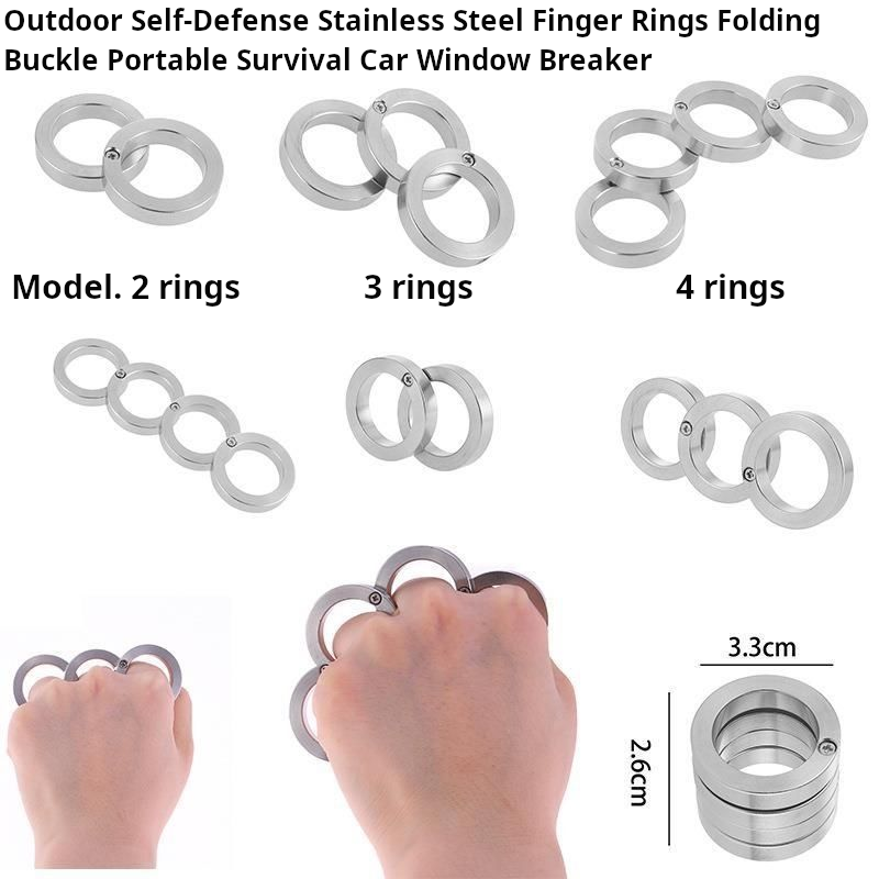 Display of stainless steel self defense ring models: 2-ring, 3-ring, and 4-ring configurations with tiger folding buckle and car window breaker.