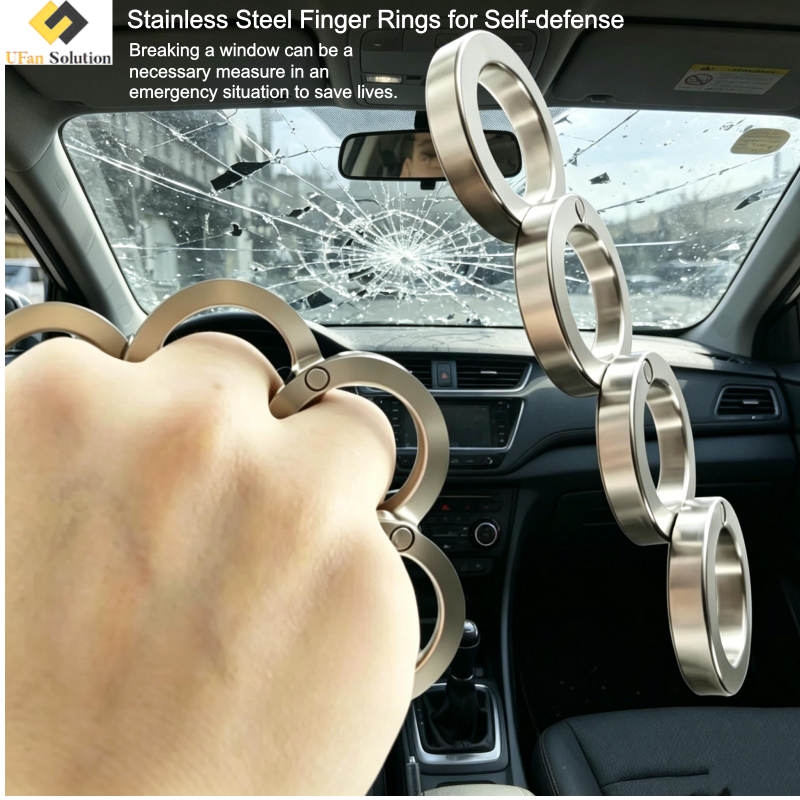 A hand wearing a self defense ring inside a car, demonstrating its use to break a cracked windshield in an emergency.