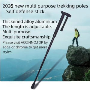 Outdoor enthusiast using adjustable hiking poles during mountain trekking adventure with scenic background.