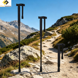 Three black adjustable trekking poles standing on a mountain trail with majestic snowy peaks and clear blue sky in the background.