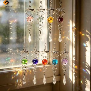 100-Pack Assorted 9-Colors Wind Twister hanging on window, creating rainbow light reflections