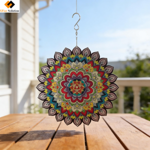 Metal mandala windspinners hanging on a sunny balcony, spinning gently in the breeze and adding vibrant kinetic art to the outdoor living space .