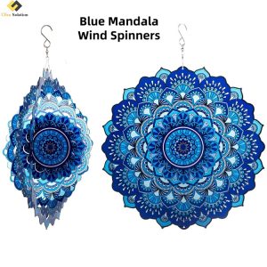 Blue Mandala 3D rotating wind chimes hanging in a garden, reflecting sunlight