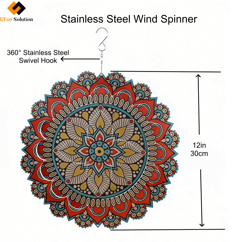Colorful stainless steel 3D wind spinners displaying a mandala pattern in an outdoor garden setting.