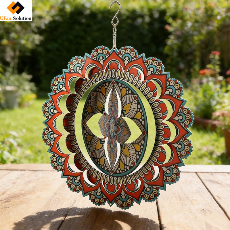 A stainless steel 3d wind spinners hanging from a tree branch, catching the afternoon sunlight in a lush green backyard.