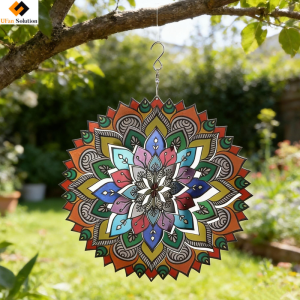 A colorful stainless steel wind spinner hanging among lush green plants in a sunny garden, reflecting vibrant light patterns.