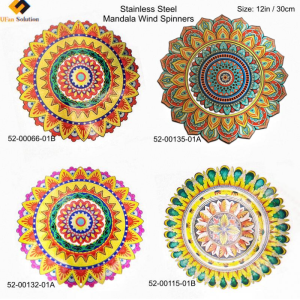 Collection of colorful stainless steel mandala wind spinners for outdoor decor