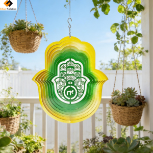 12in Fatima Hand Wind Spinner – stainless steel Hamsa hand wind spinner with UV printed detail