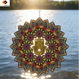 12-inch stainless steel Hamsa Hand Wind Spinner featuring vibrant blue and purple mandala patterns