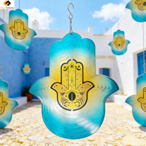 12in Hamsahand Wind Spinner – stainless steel kinetic Hamsa hand garden art with UV printed detail