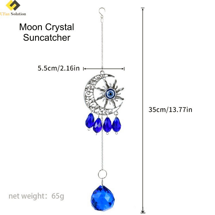 Moon Crystal Suncatcher product dimensions: 35cm length, 5.5cm width, blue crystal beads, silver moon frame—wholesale-ready specs