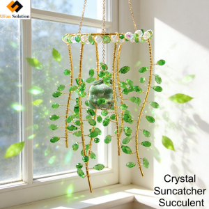 Crystal Suncatcher Succulent hanging in a sunlit window, casting sparkling green light with glass leaf beads and natural stone