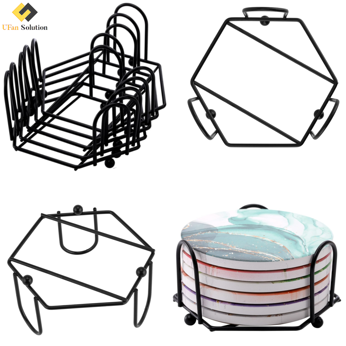 UFan Solution hexagonal coaster rack, a durable wooden coasters holder solution for commercial use with bulk packing.