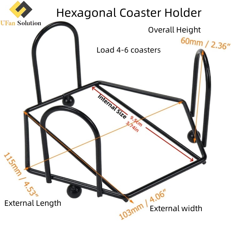 Black metal hexagonal rack displayed as a wooden coasters holder, capable of storing 4-6 coasters neatly.