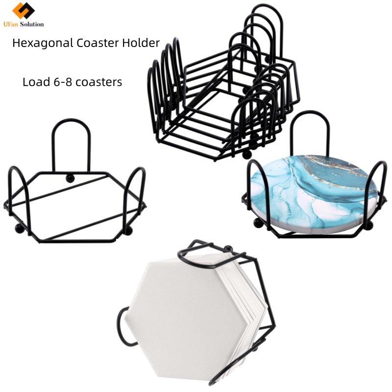 Black hexagonal coaster holder made of metal, designed to hold multiple slate coasters neatly.