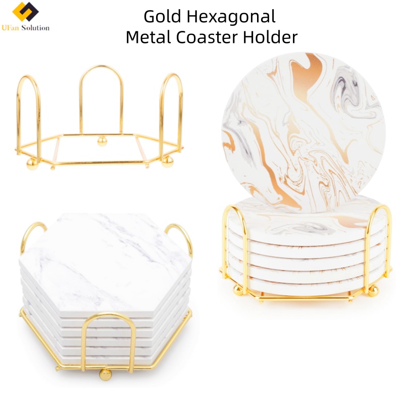 UFan Solution gold metal holder coaster featuring a hexagonal design, ideal for organizing slate coasters bulk quantities.