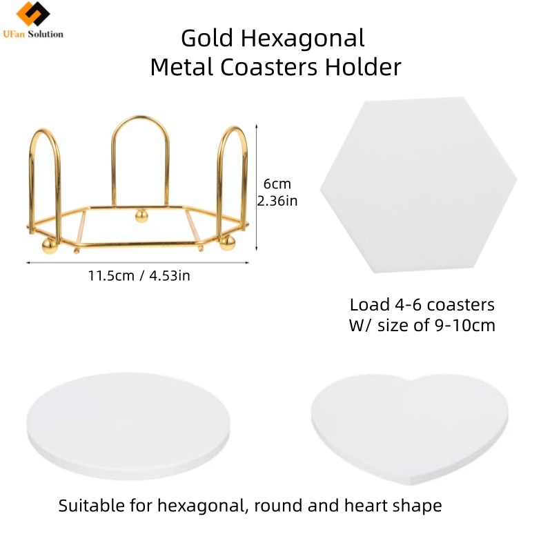 Gold hexagonal metal holder coaster displayed empty, ready for slate coasters bulk storage.