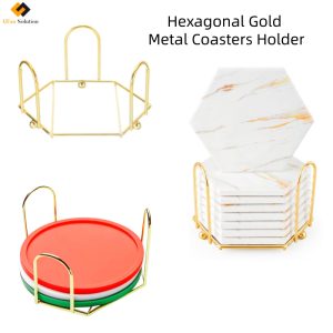 Tall gold hexagonal brass coaster holder displayed empty, designed for storing 6-8 slate coasters bulk quantities.