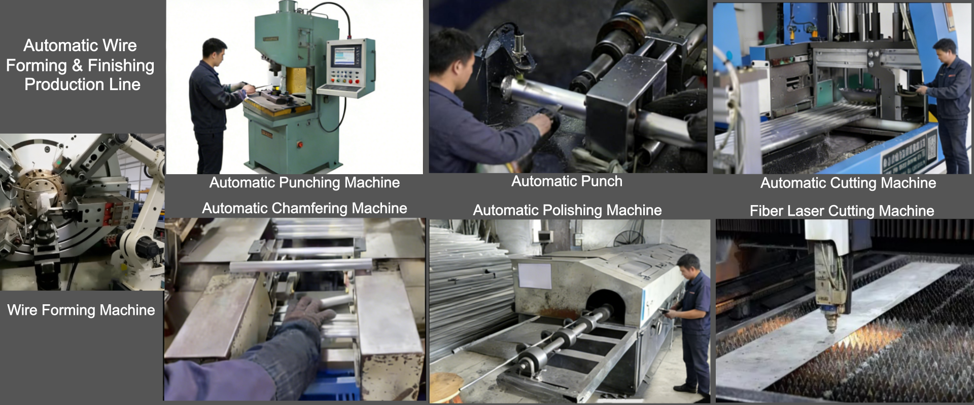 A collage of industrial automation machinery including wire forming, fiber laser cutting, stamping, and polishing machines, used for manufacturing metal home & garden products.