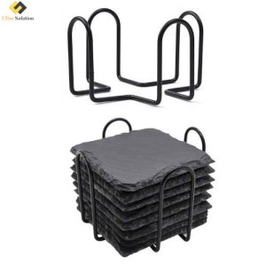 Black Table Coaster Stand, empty iron wire holder, square metal caddy with stacked slate coasters (porta copos) display