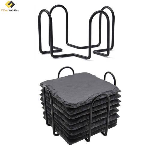 Black Table Coaster Stand, empty iron wire holder, square metal caddy with stacked slate coasters (porta copos) display