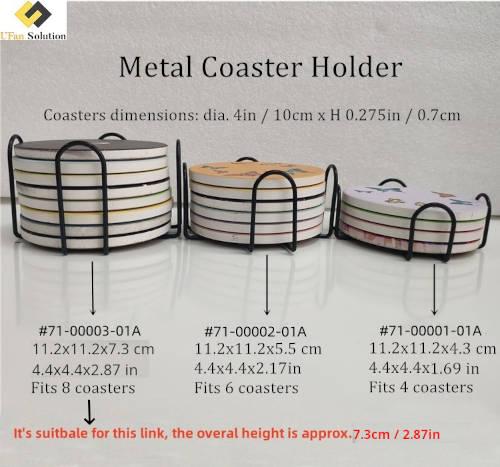 Black Table Coaster Stand with cork and ceramic coasters, 4-8 coasters capacity, various styles display