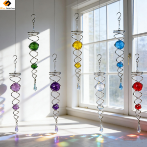Gazing Ball Spiral Tail Large - Multi-color Crystal Ball Stainless Steel Wind Spinners Hanging in Window for Rainbow Light Effect