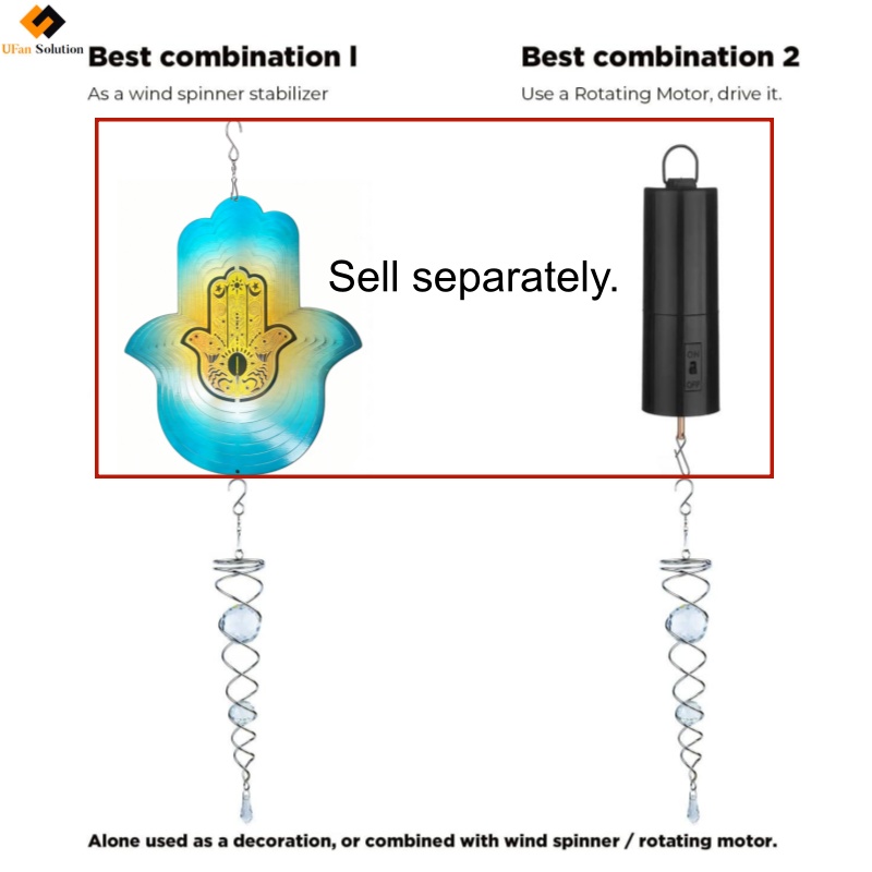 Product combination guide for the Gazing Ball Spiral Tail Wind Spinner showing a hand-shaped stabilizer and a rotating motor.