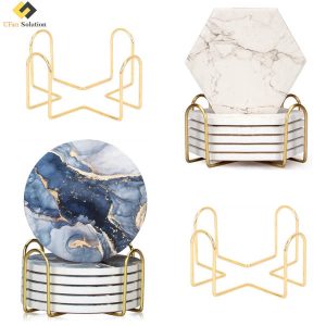 Gold Coaster Display Stand with Round & Hexagonal Ceramic Coasters for Drink Coaster Storage