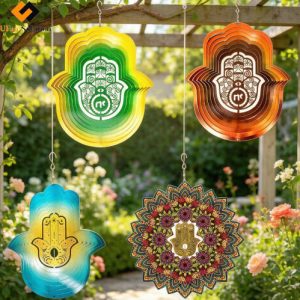 Hanging Artistic Hamsa Hand Wind Spinner garden decor ideas featuring four distinct color options displayed separately on patio hooks