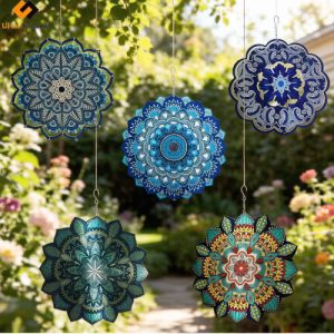 Blue Windmill Mandala (5pcs/Item) - Hanging Blue Mandala Kinetic Wind Spinners, Stainless Steel Outdoor Decor w/ 5 items option