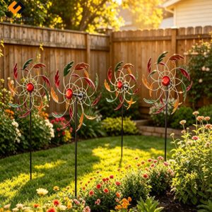 Horizontal Metal Iron Wind Spinners Outdoor featuring 4-pack 52-inch double-sided maple leaf design with inverted U ground stakes for garden decoration