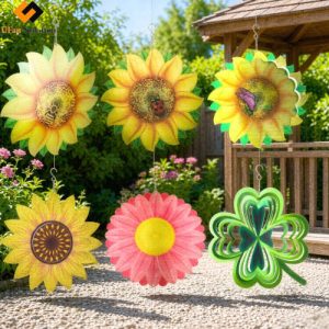 Kinetic Laser Cut Flower Hanging Wind Spinner, Flower Wind Spinner with Butterfly, Flower Windmill with Bee, Sunflower with Ladybug Garden Wind Spinner Bulk, Yellow Sunflower Hanging Garden Decor, Lucky 4-Leaf Clover Kinetic Windmill Spinner, Metal Wind Spinner Pink Daisy, Hanging Wind Spinner Flower, Geometric Yellow Sunflower Wind Spinner For Garden, Yellow Geometric Metal Wind Spinner in Garden Ornaments