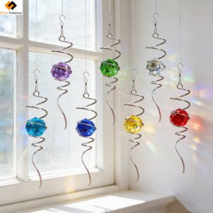 Bulk Kinetic Spiral Crystal Ball suncatchers, 7-color K9 crystal, 25pcs per carton, stainless steel spiral decor