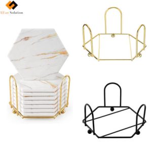 Metal Geometric Stackable Coaster Holder (Gold/Black) - 300 Bulk Pack B2B, Holds 6-8 Ceramic Coasters (9-10cm), With Marble-Style Coasters (podkładki)Shown