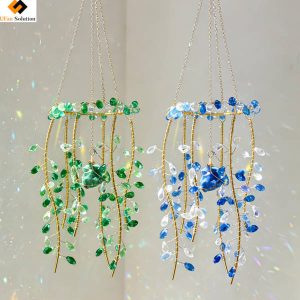 Two versions of Plant Crystal Hanging Decor (green and blue) displayed side by side, showcasing their crystal leaves, golden wire frames, and natural stone accents.