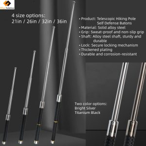 Foldable self defense stick metal with 4 size options 21 to 36 inches in bright silver and titanium black finish