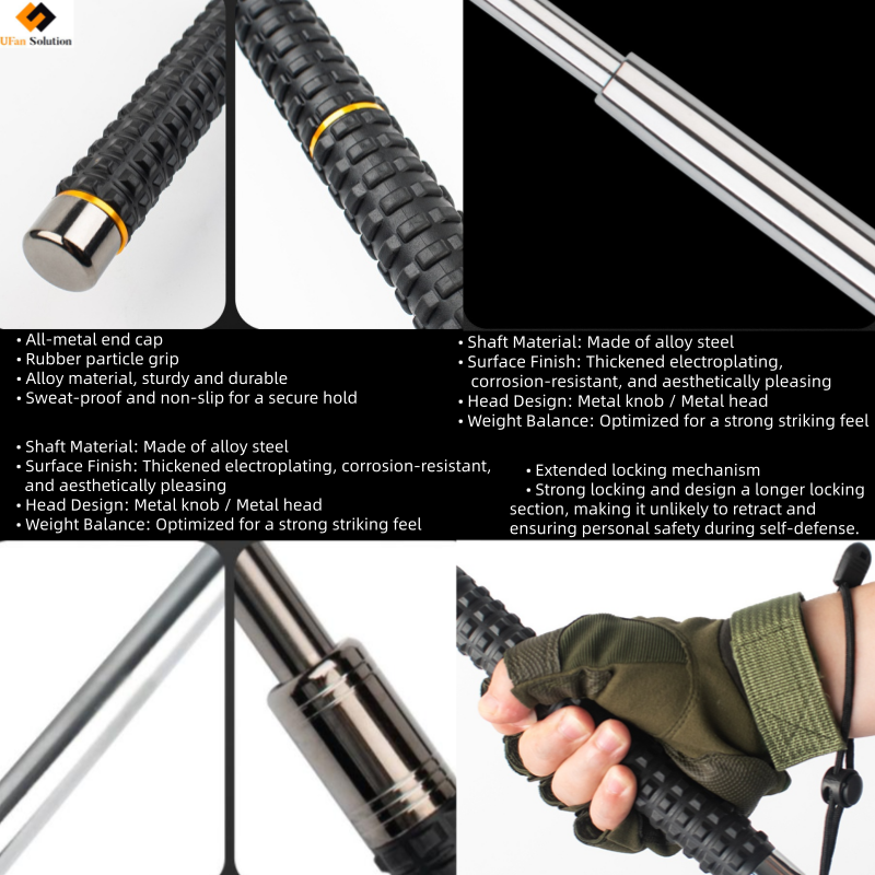 Close-up of foldable self defense stick metal showing all-metal end cap, rubber particle grip, and extended locking mechanism
