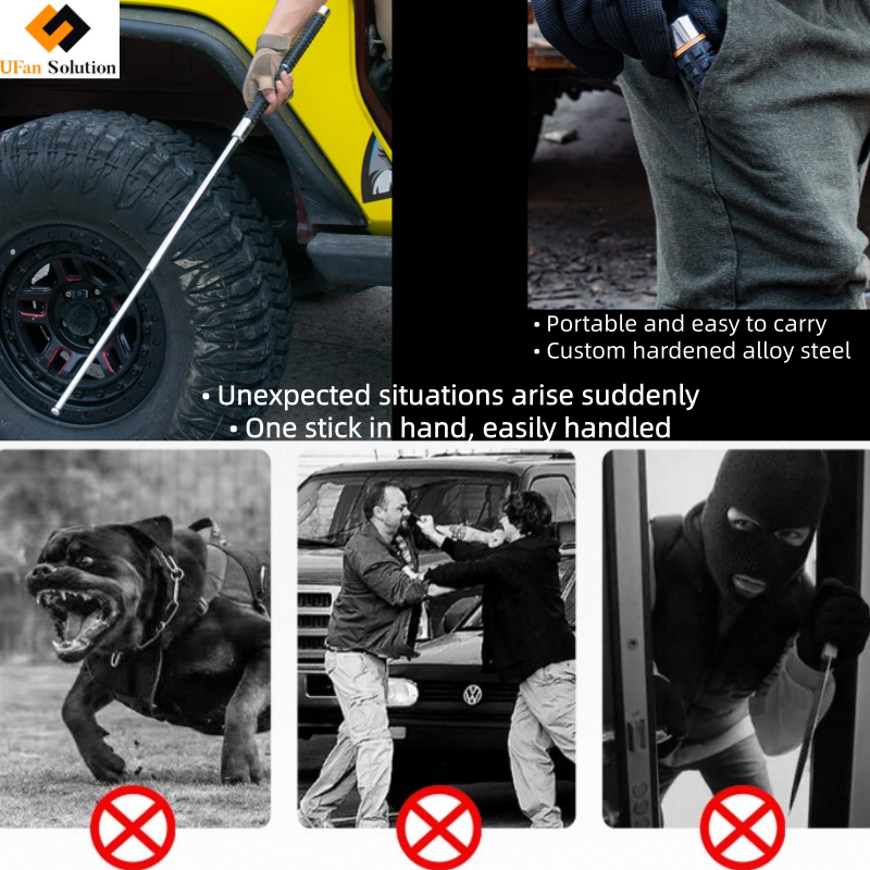 Portable foldable self defense stick metal in hand for unexpected situations like road rage or dog attacks