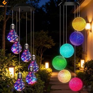 Solar Fairy Lights Wind Chimes with LED Bulb - Shaped & Crystal Ball Ornaments, Colorful Outdoor Garden Patio Lighting
