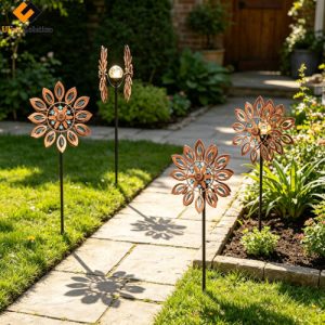 4PK Solar Led Kinetic 3D Wind Spinner Copper, Solar Sun Flower Large Wind Spinner, Solar Led Wind Spinners Outdoor – Garden Pathway Decor with Solar Sunflower Windmills