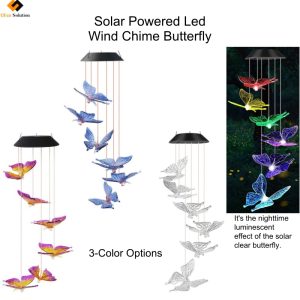 Three Solar Powered Led Wind Chime models showing purple, blue, and clear butterfly color options from UFan Solution.