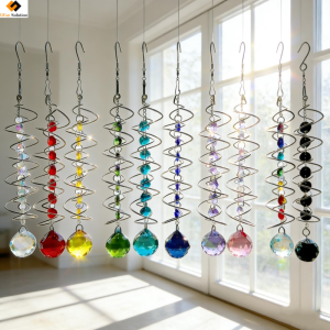 A display of multicolored Spiral Tail Suncatchers hanging in sunlight, showcasing the variety of 10 available colors.