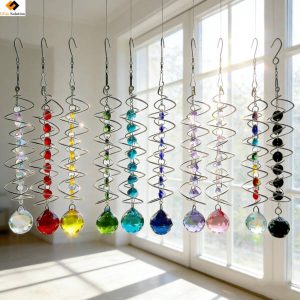 Multiple colored Suncatchers Spinners with faceted rondelle beads, bicone crystal beads, and teardrop faceted glass beads in red, light blue, green, yellow, dark blue, clear, purple, pink, black, rainbow